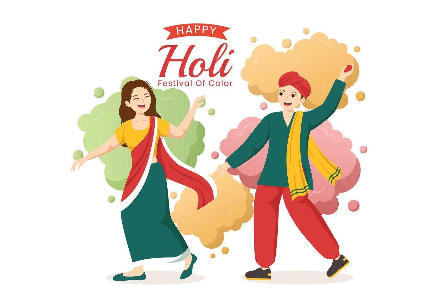 Happy Holi Festival Illustration with Colorful Pot and Powder In Hindi for Web Banner or Landing Page in Flat Cartoon Hand Drawn Templates vector