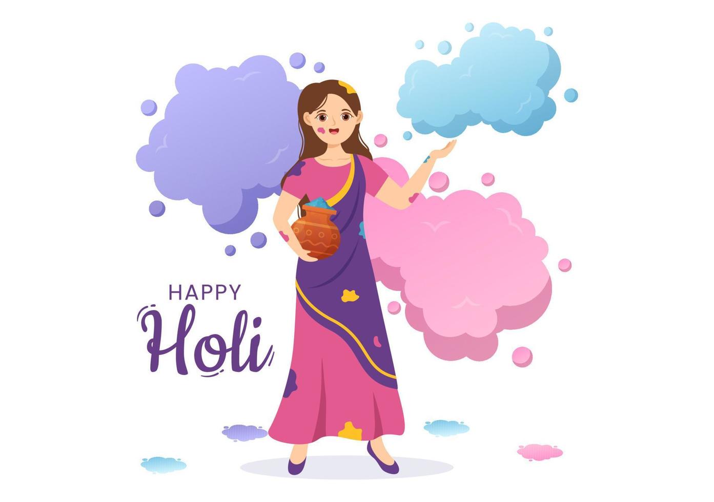 contento holi festival ilustración con vistoso maceta y polvo en hindi para web bandera o aterrizaje página en plano dibujos animados mano dibujado plantillas vector