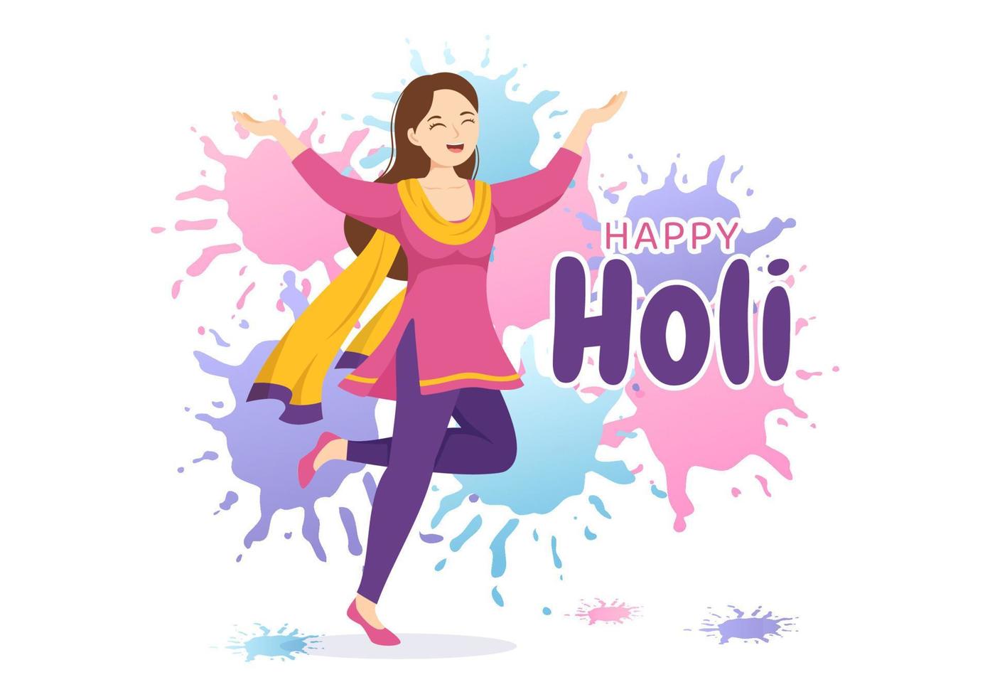 Happy Holi Festival Illustration with Colorful Pot and Powder In Hindi for Web Banner or Landing Page in Flat Cartoon Hand Drawn Templates vector