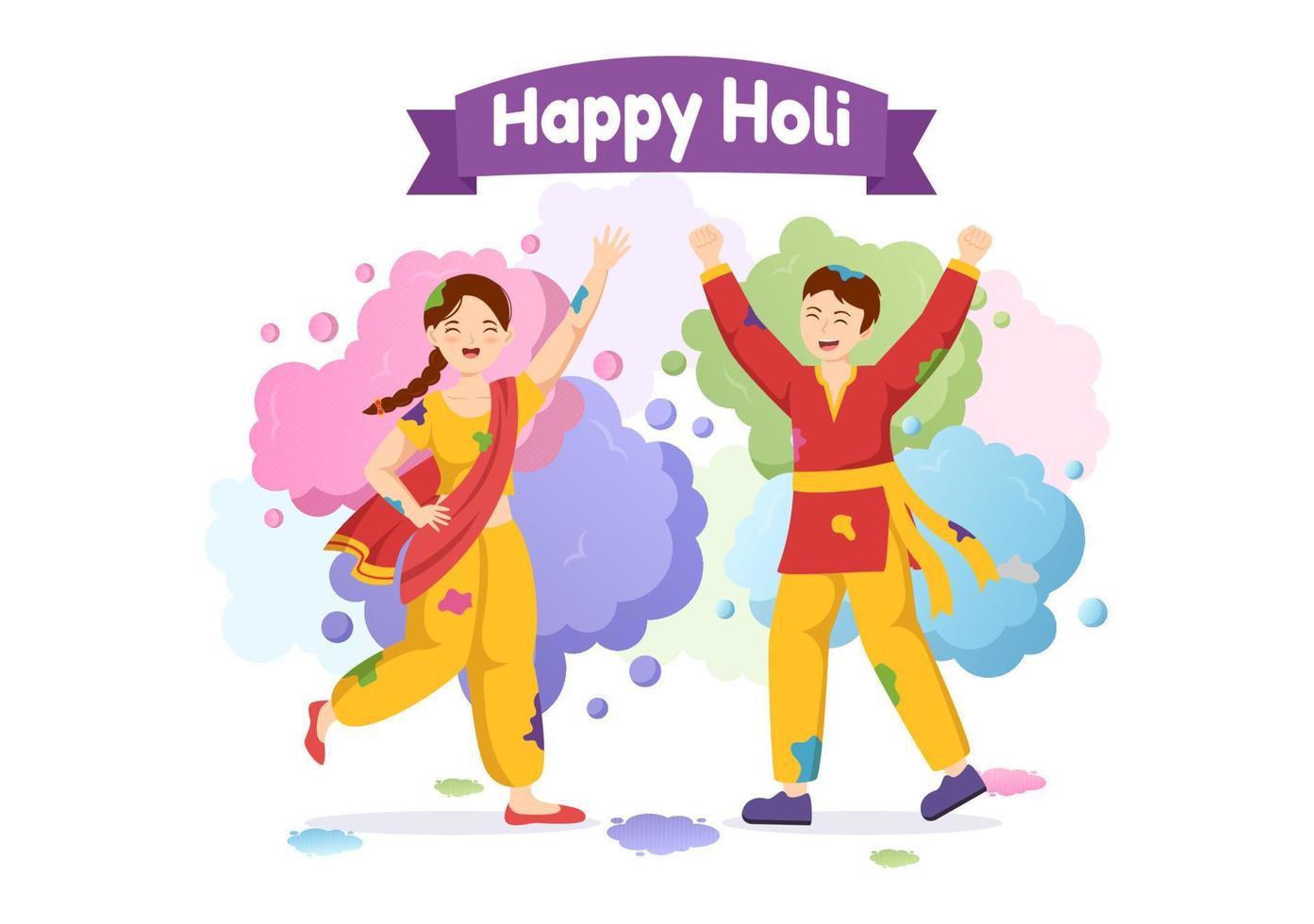 contento holi festival ilustración con vistoso maceta y polvo en hindi para web bandera o aterrizaje página en plano dibujos animados mano dibujado plantillas vector