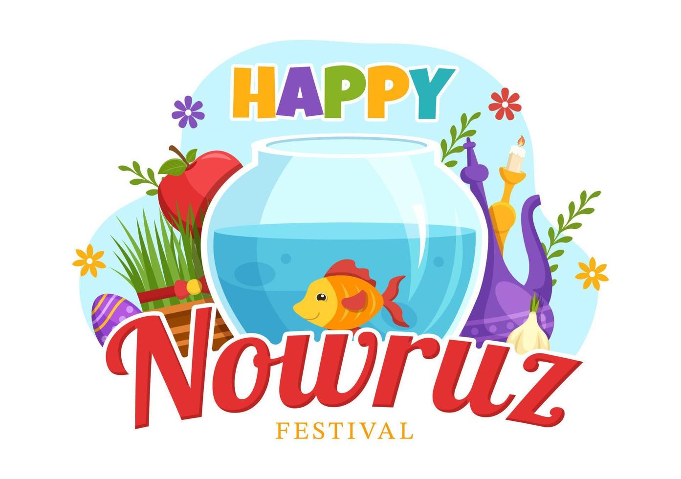 Happy Nowruz Day or Iranian New Year Illustration with Grass Semeni and Fish for Web Banner or Landing Page in Flat Cartoon Hand Drawn Templates vector