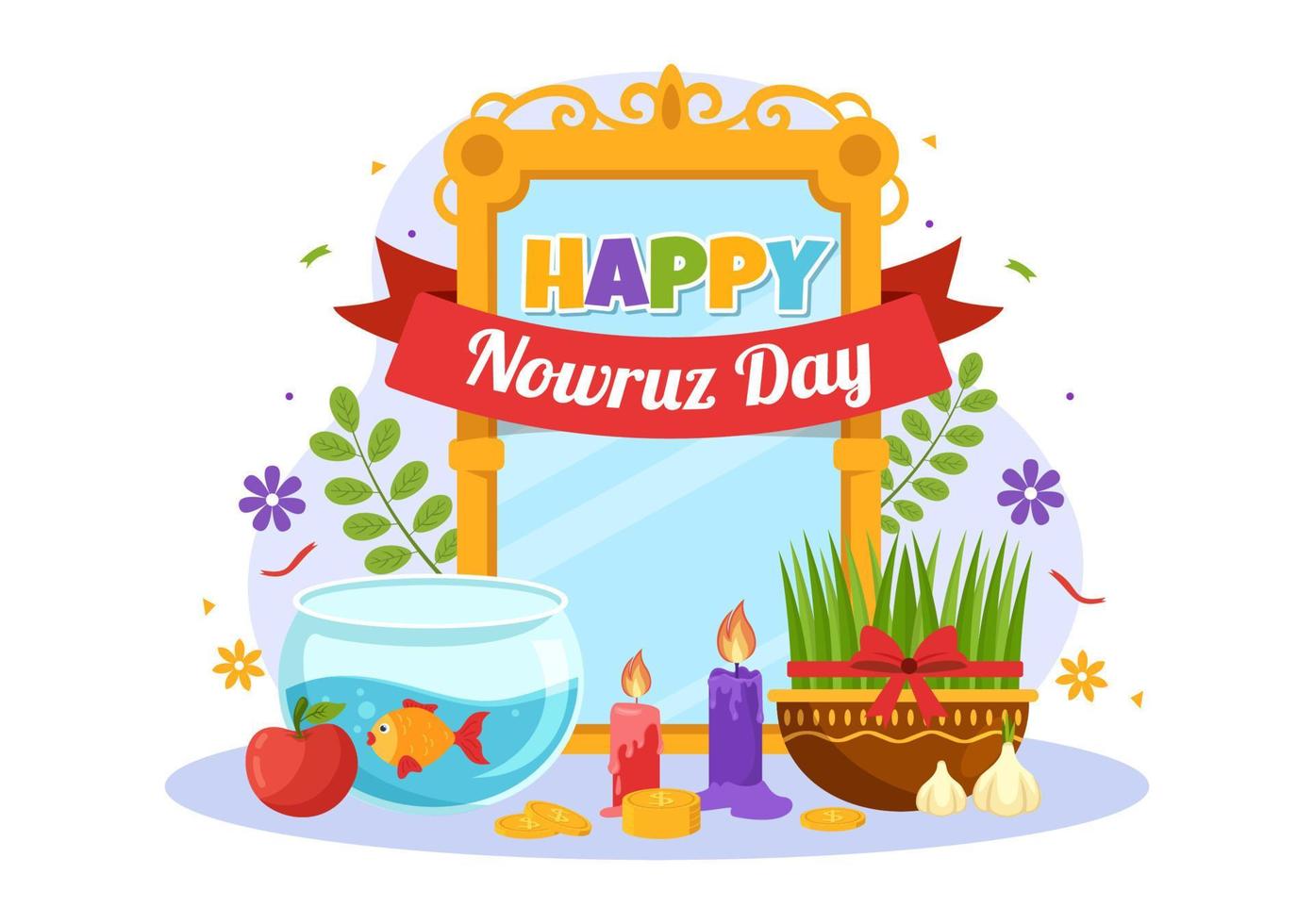 Happy Nowruz Day or Iranian New Year Illustration with Grass Semeni and Fish for Web Banner or Landing Page in Flat Cartoon Hand Drawn Templates vector