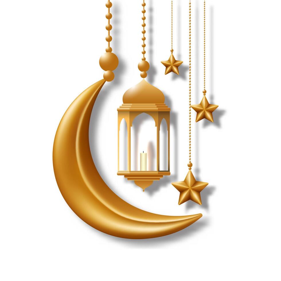 Crescent moon, lantern and star hanging in 3d golden color. Decorative vector elements for Muslim holidays. Isolated on a white background