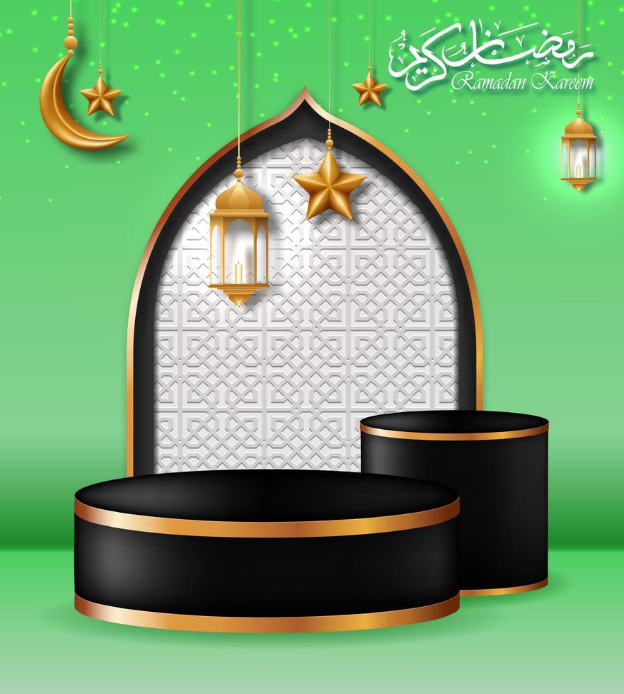 podium with ramadan kareem concept. with gold decoration, moon. star, lantern. isolated on green background with light spots. for displays, products, advertisements, promos, sales, etc. vector