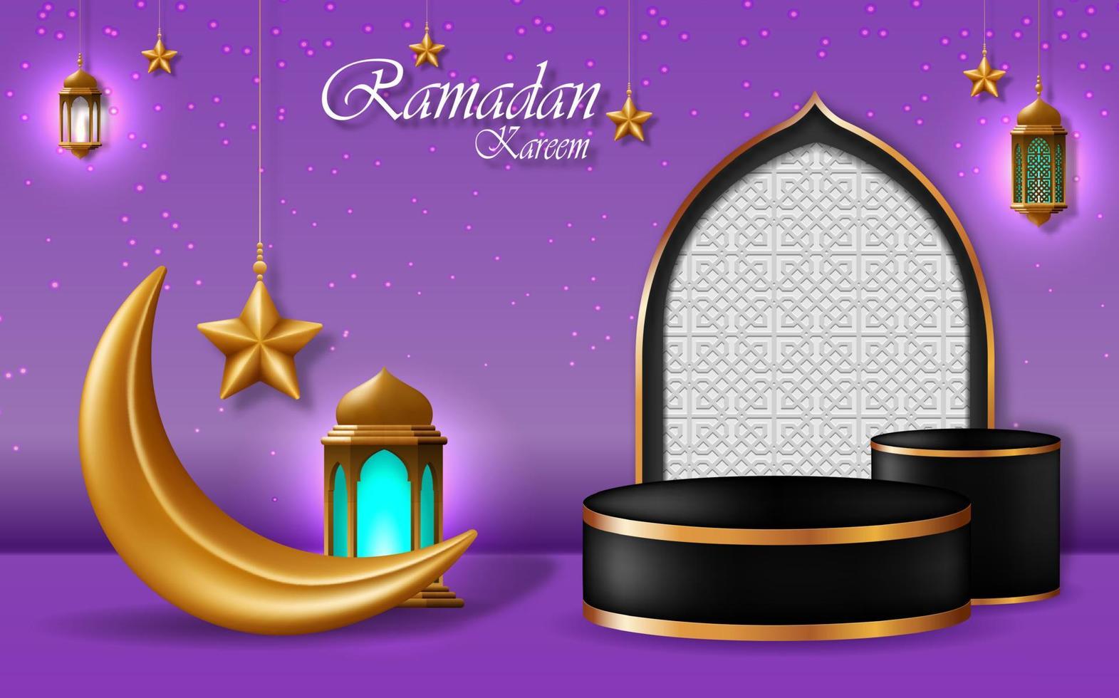 ramadan kareem greeting card vector. Islamic holiday celebration banner. podium view with ornate crescent moon, lantern and star. realistic 3d illustration vector