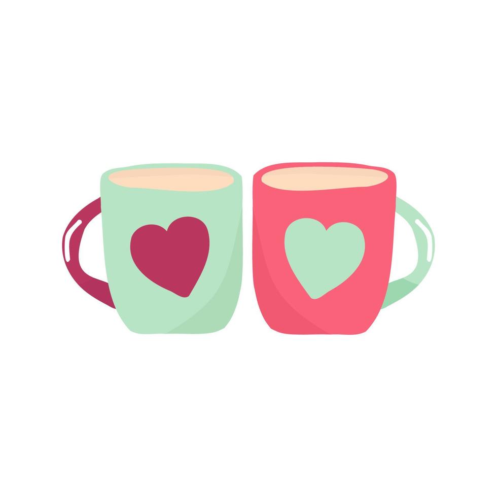 Vector image of a pair of tea mugs with the image of hearts. In pink and turquoise. Hand draw style