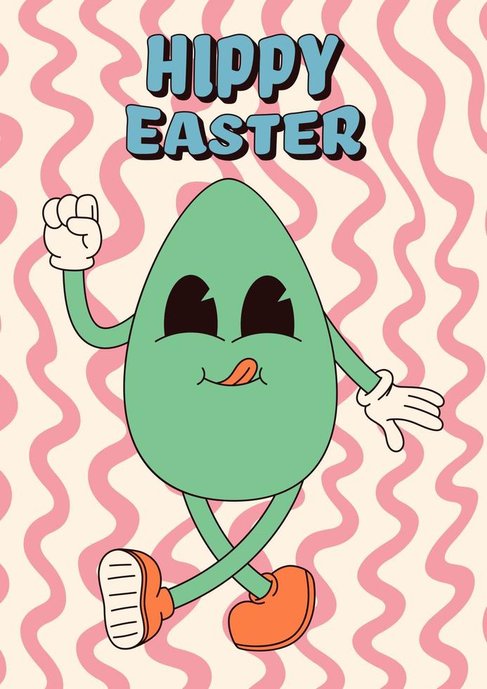 Groovy hippie Happy Easter posters. Easter eggs. Vector card in trendy retro 60s 70s cartoon style.