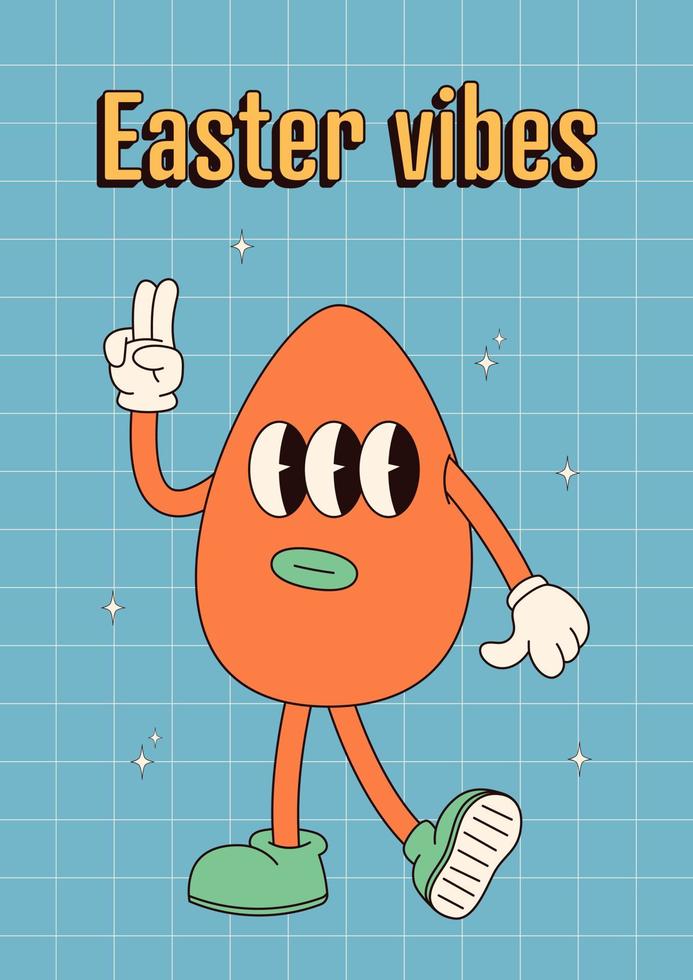 maravilloso hippie contento Pascua de Resurrección carteles Pascua de Resurrección huevos. vector tarjeta en de moda retro 60s 70s dibujos animados estilo.