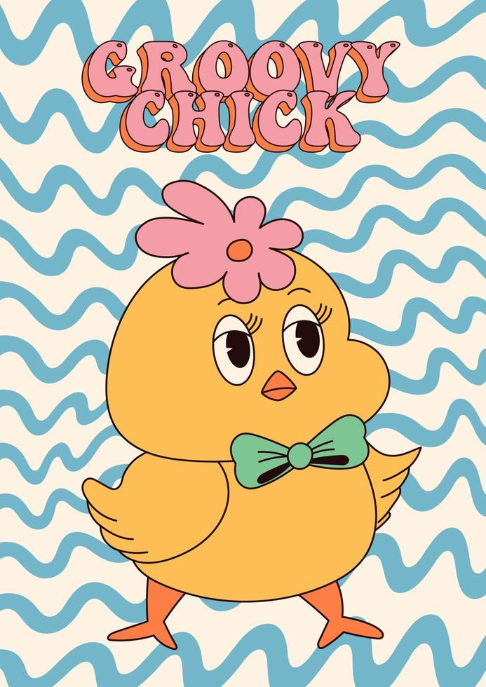 Groovy hippie Happy Easter posters. Easter chick. Vector card in trendy retro 60s 70s cartoon style.