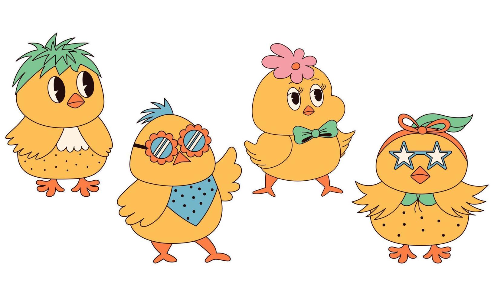 Groovy hippie Happy Easter characters. Set of Easter chicks in trendy retro 60s 70s cartoon style. vector