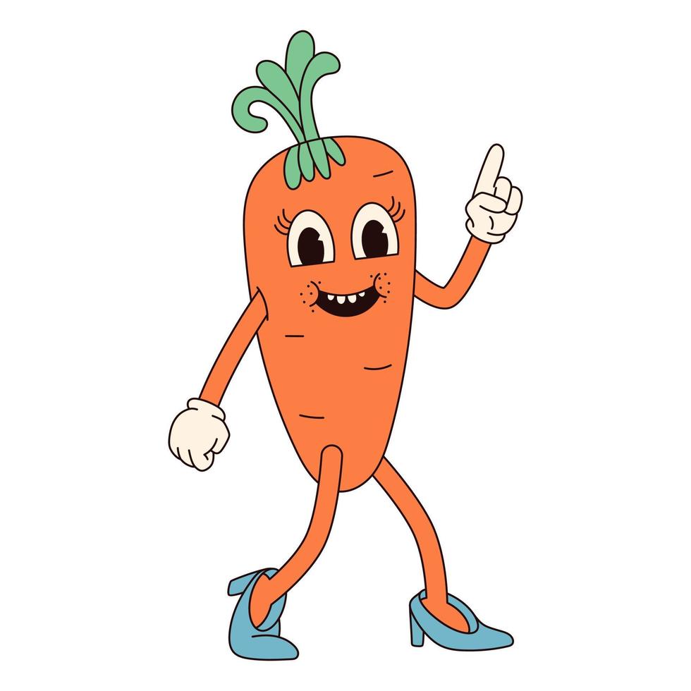 Groovy hippie Happy Easter character. Easter carrot in trendy retro 60s 70s cartoon style. vector