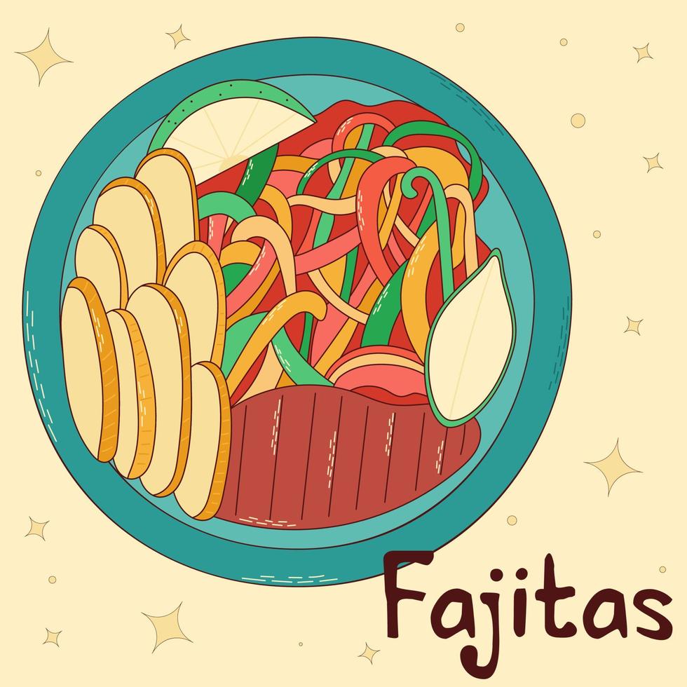Mexican traditional food. Fajitas. Vector illustration in hand drawn style