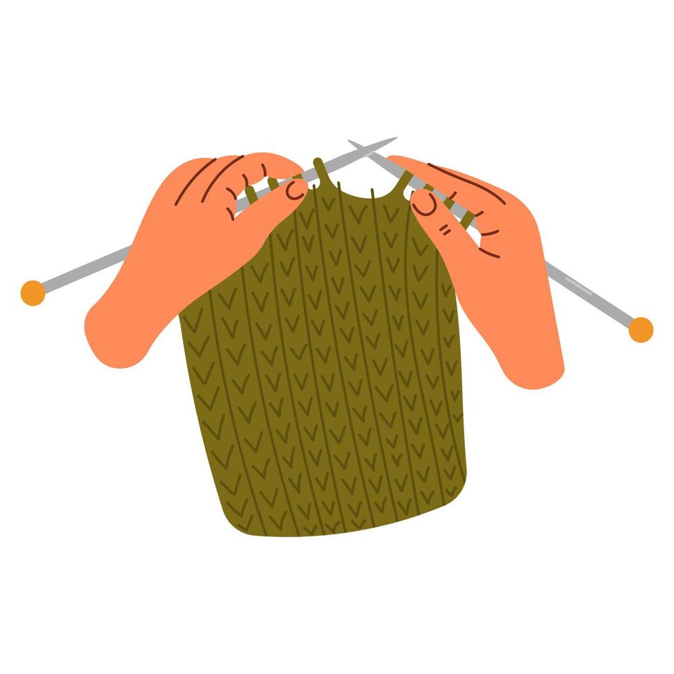 Woman hands are knitting with knitting needles. Knitting process. Wool yarns, hook, knitting needles. Hobby time, handmade things vector