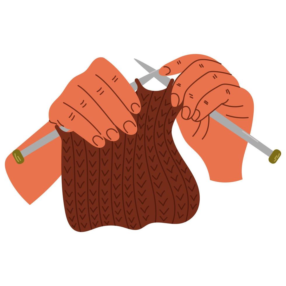 Woman hands are knitting with knitting needles. Knitting process. Wool yarns, hook, knitting needles. Hobby time, handmade things vector