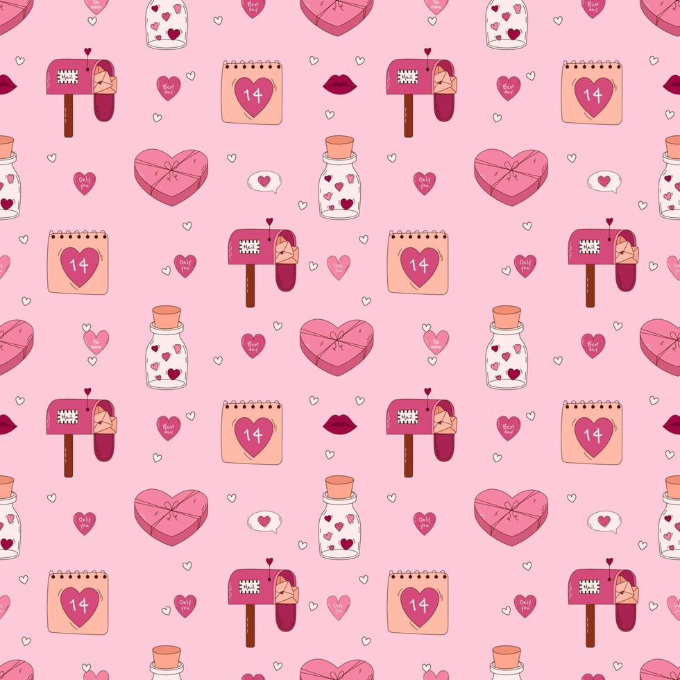 Valentine's Day Hand drawn seamless pattern. Letter, heart, mail, jar and other elements. vector