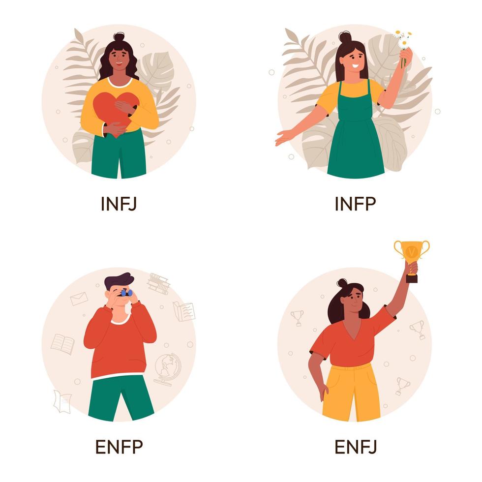 Set of diplomats MBTI person types. Socionics mbti. Personality test. Mind behavior concept. Flat vector illustration