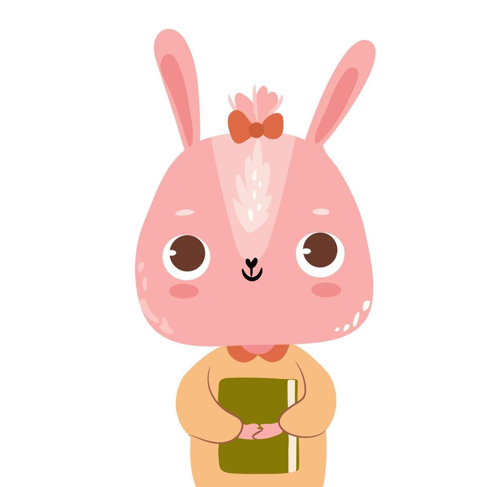 Cute bunny girl with a book. Baby woodland animal in casual outfit vector