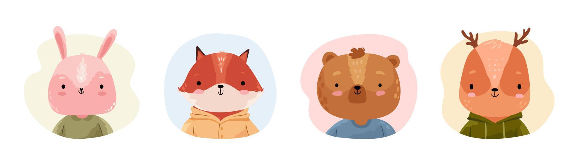 Set of cute woodland animals portraits. vector