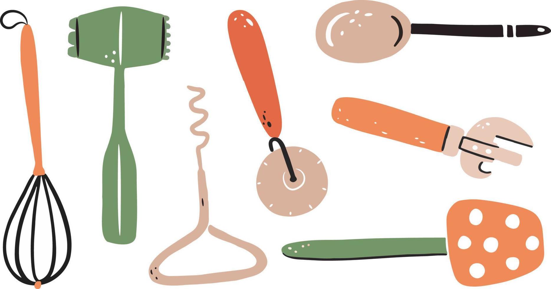 conjunto de cocina utensilios batería de cocina herramientas mano dibujado. vector