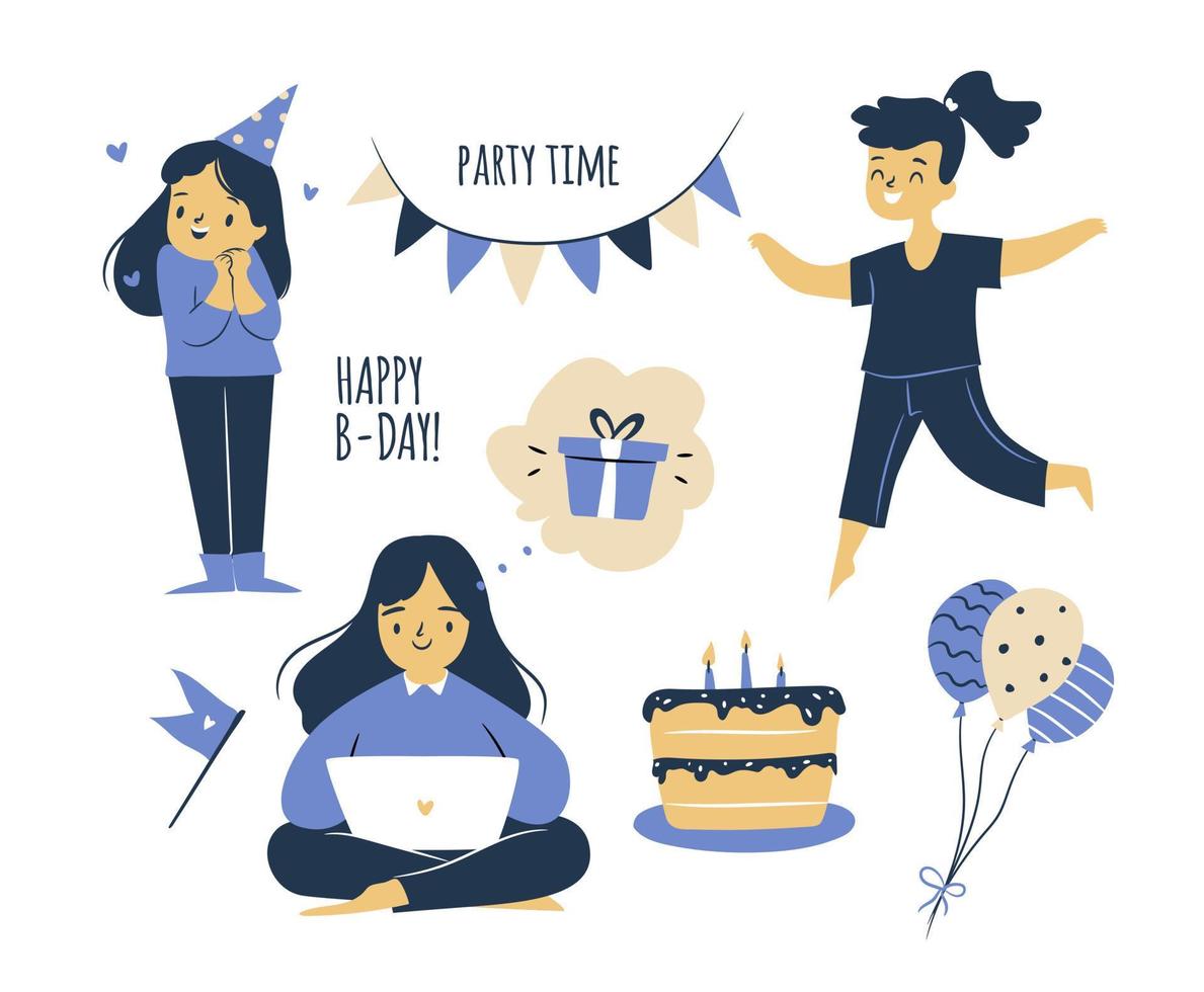 Birthday Party Set. Minimalist vector illustration set of bday party elements.