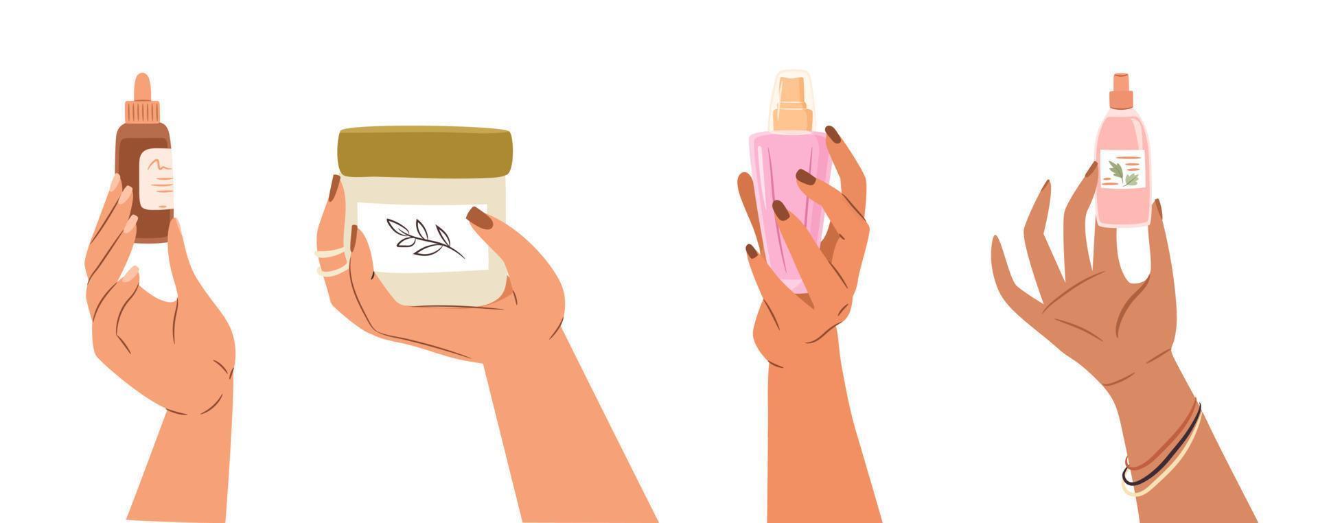 conjunto de mujer manos demostración protección de la piel productos de cerca de muchachas manos participación cosmético producto. vector