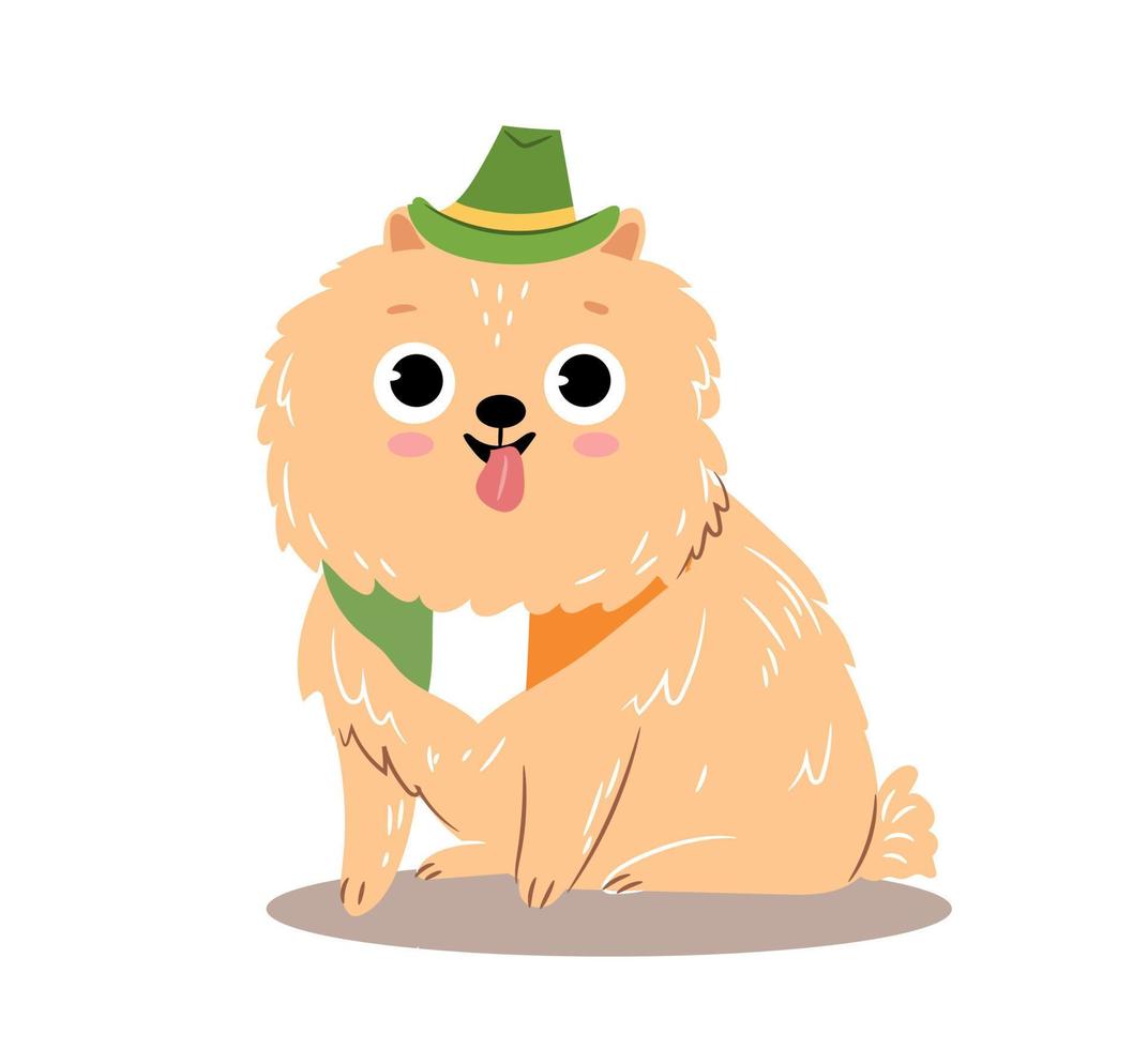 Funny dog in green hat and flag on neck. Pet in cute clothes vector