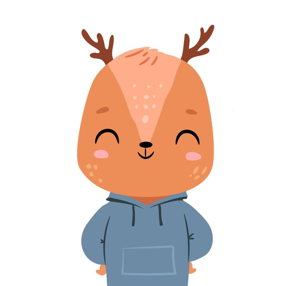 Cute deer in a hoodie smiling. Baby woodland animal in casual outfit vector