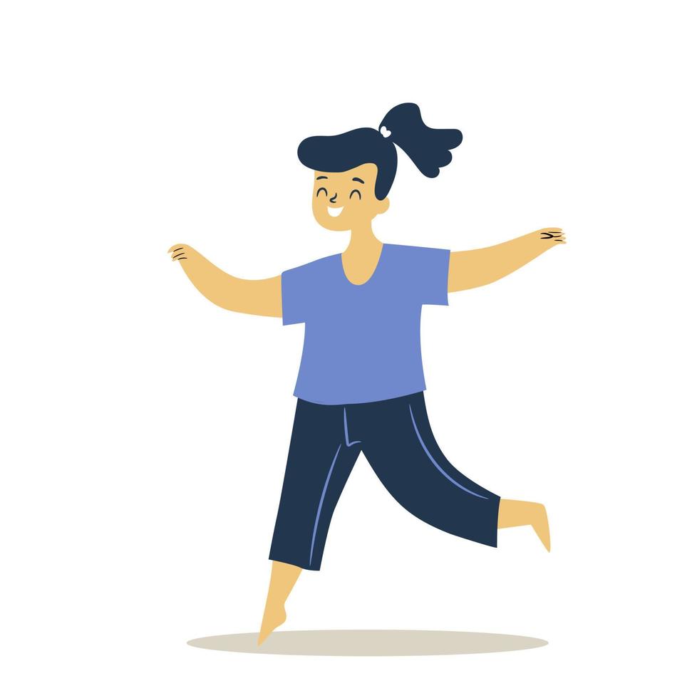 Happy woman running with hands raised. vector