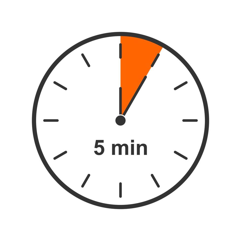 Clock icon with 5 minute time interval. Countdown timer or stopwatch symbol. Infographic element for cooking or sport game vector