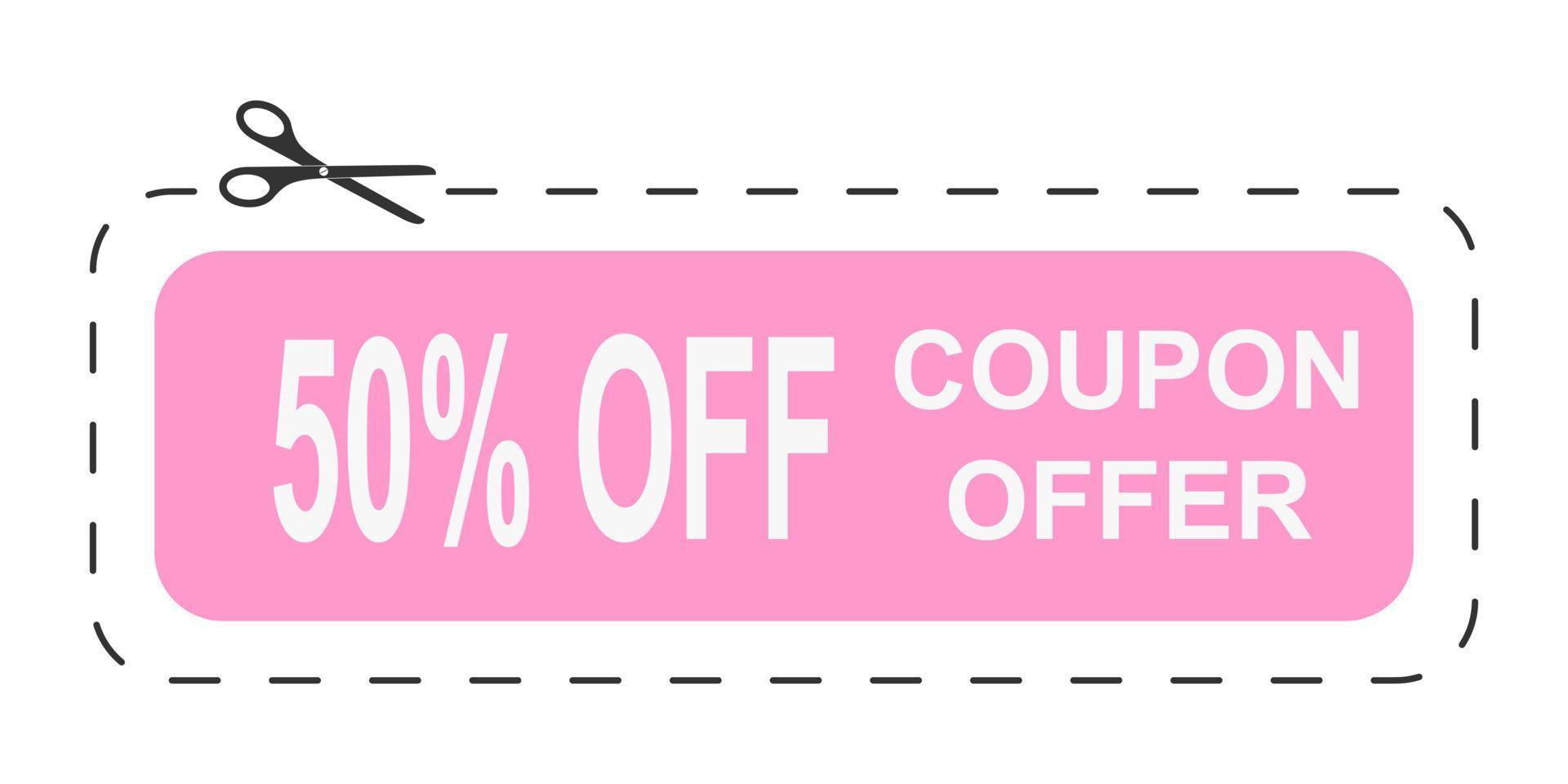 Discount coupon with 50 percent offer. Coupon with dotted cut line and scissors icon. Marketing low price concept vector