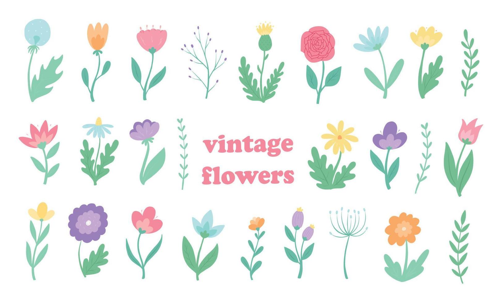 Collection of 26 spring flowers and floral elements isolated on white background. Vintage wildflowers set. Flower stickers for planners and scrapbooking, prints, cards, clip art, signs, etc. EPS 10 vector