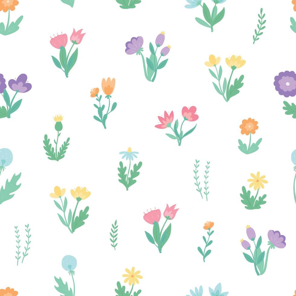 cute floral seamless pattern with hand drawn wildflowers on white background. Floral pattern, textile print, kids apparel, packaging, wallpaper, scrapbooking and stationary design. EPS 10 vector