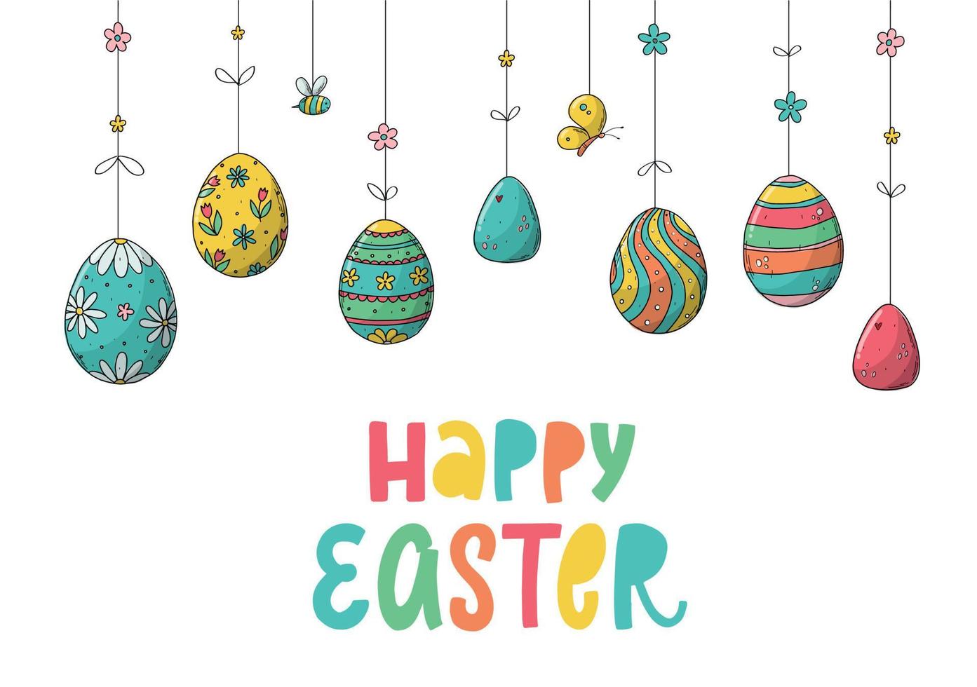 Happy Easter lettering quote deocrated with hanging eggs on white background. Good for banners, invitations, templates, greeting cards, posters, etc. EPS 10 vector