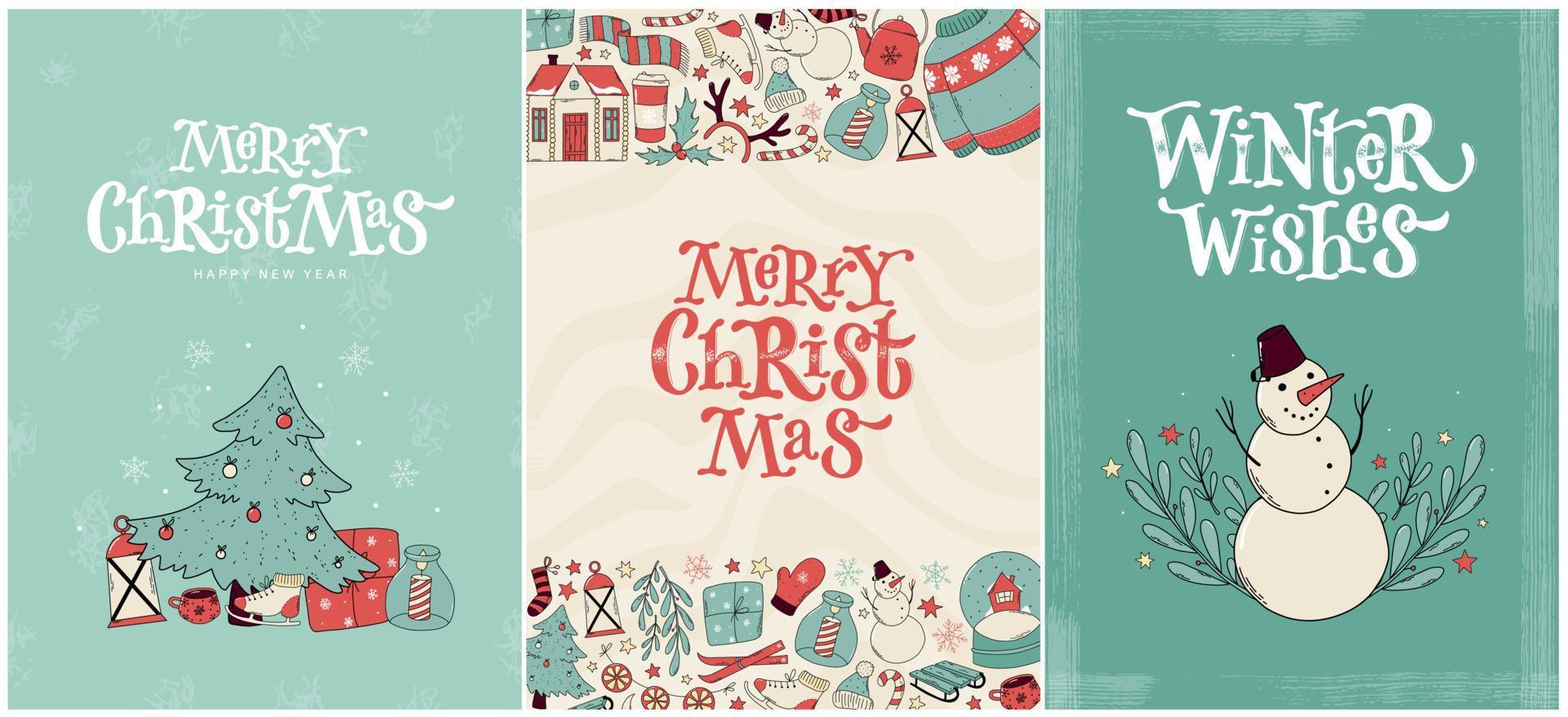 Christmas cards, posters, banners, invitations designs decorated with doodles and lettering quotes. EPS 10 vector