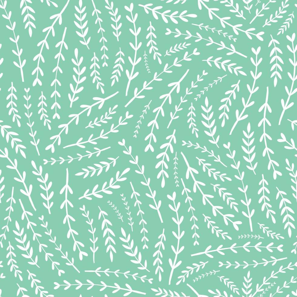 Floral seamless pattern with small tiny branches on mint background. Good for spring textile patterns, bedding, scrapbooking, stationary, wallpaper, wrapping paper and packaging. EPS 10 vector