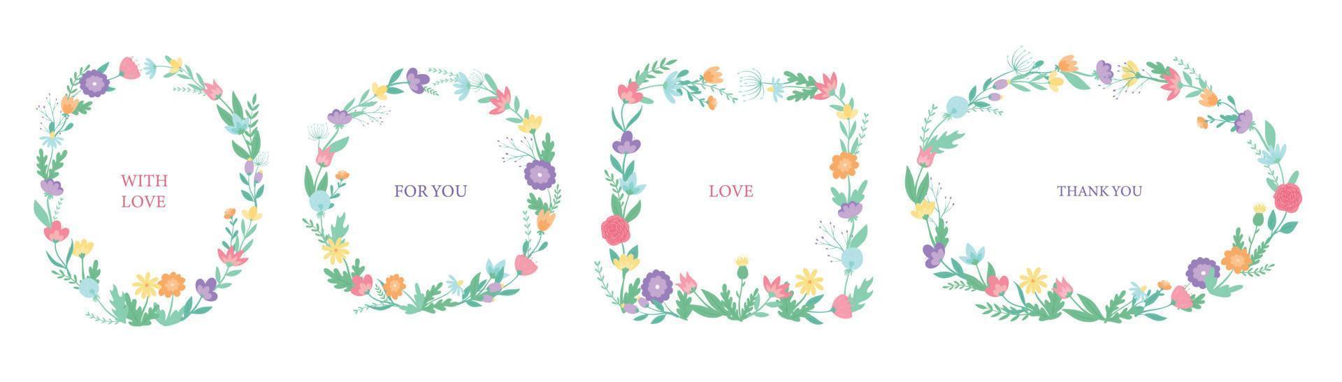 Set of four floral wreaths decorated with vintage flowers. Good for posters, prints, cards, invitations, templates, banners, stickers. Mother's day spring, womens day, easter theme. EPS 10 vector