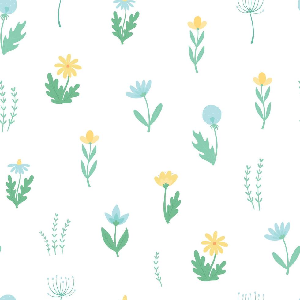 Seamless floral pattern with blue and yellow wildflowers on white background. Wallpaper, scrapbooking, stationary, textile prints, etc. EPS 10 vector