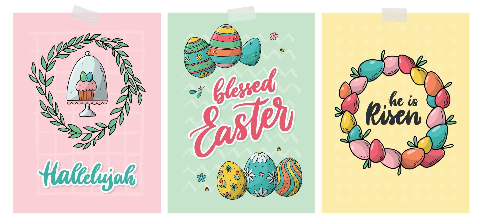 set of Easter cards, posters, prints, invitations, sublimation, templates, etc. Lettering quotes decorated with hand drawn doodles. EPS 10 vector