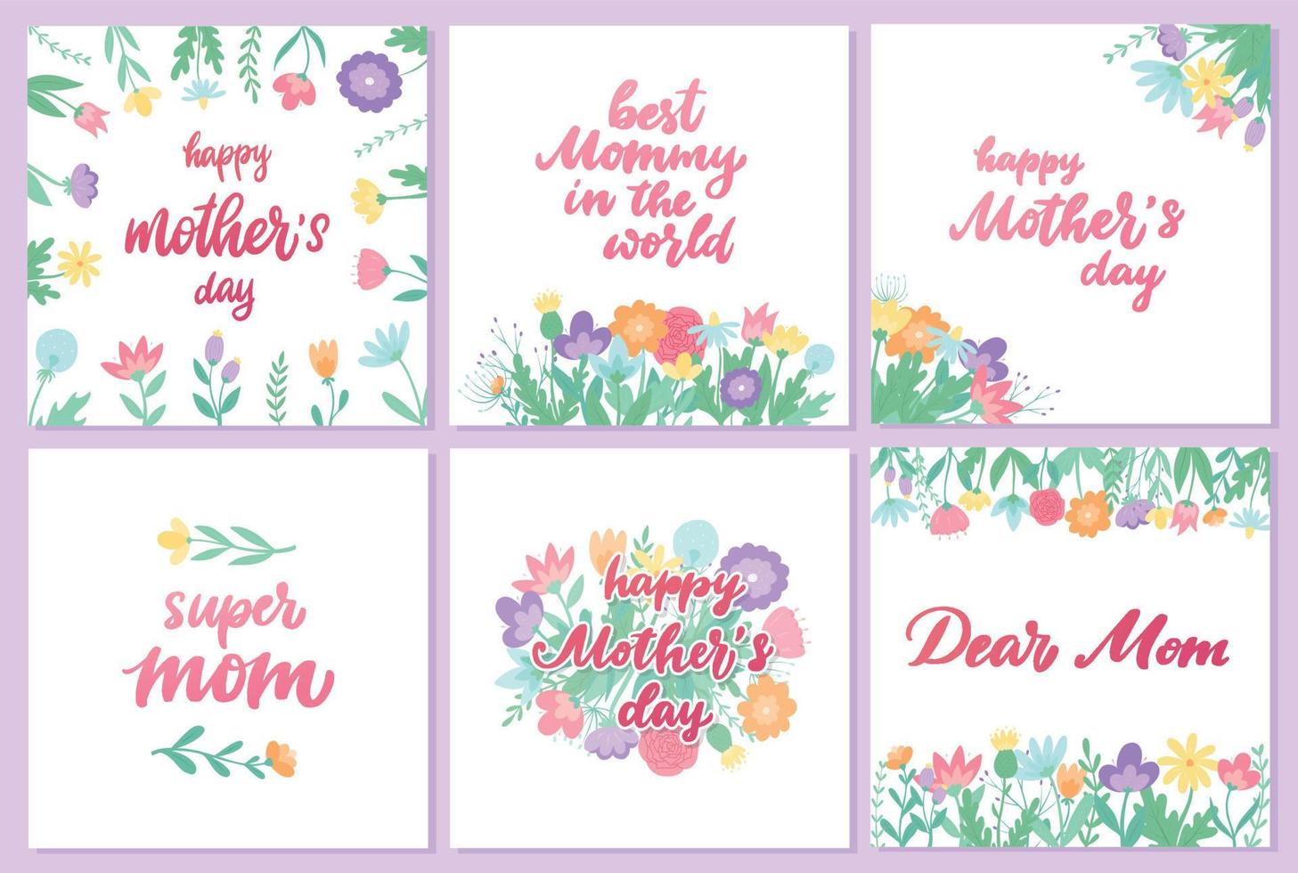 Set of 6 Mother's day greeting cards, posters, prints, banners, invitations decorated with spring wildflowers. Women's day, spring, easter theme templates. EPS 10 vector