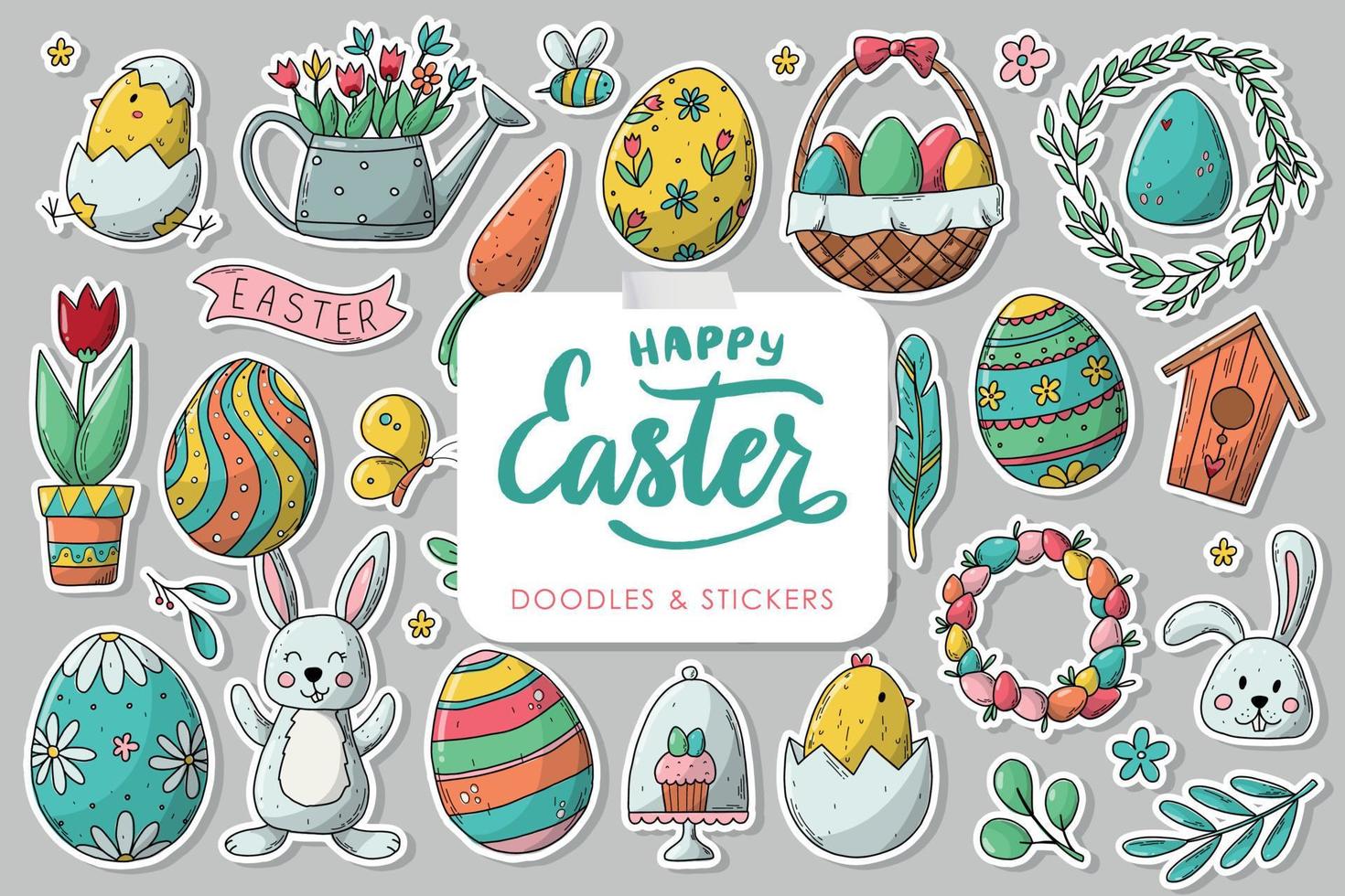 Easter stickers set, clip art, doodles. Good for prints, apparel decor, cards, sublimation, etc. EPS 10 vector