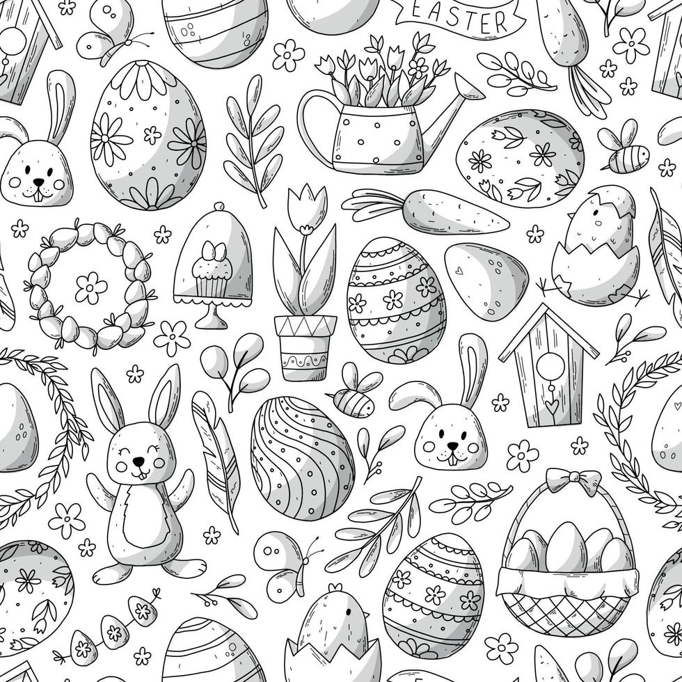 Easter seamless pattern with monochrome doodles for kids coloring pages, textile prints, wallpaper, backgrounds, wrapping paper, scrapbooking, etc. EPS 10 vector