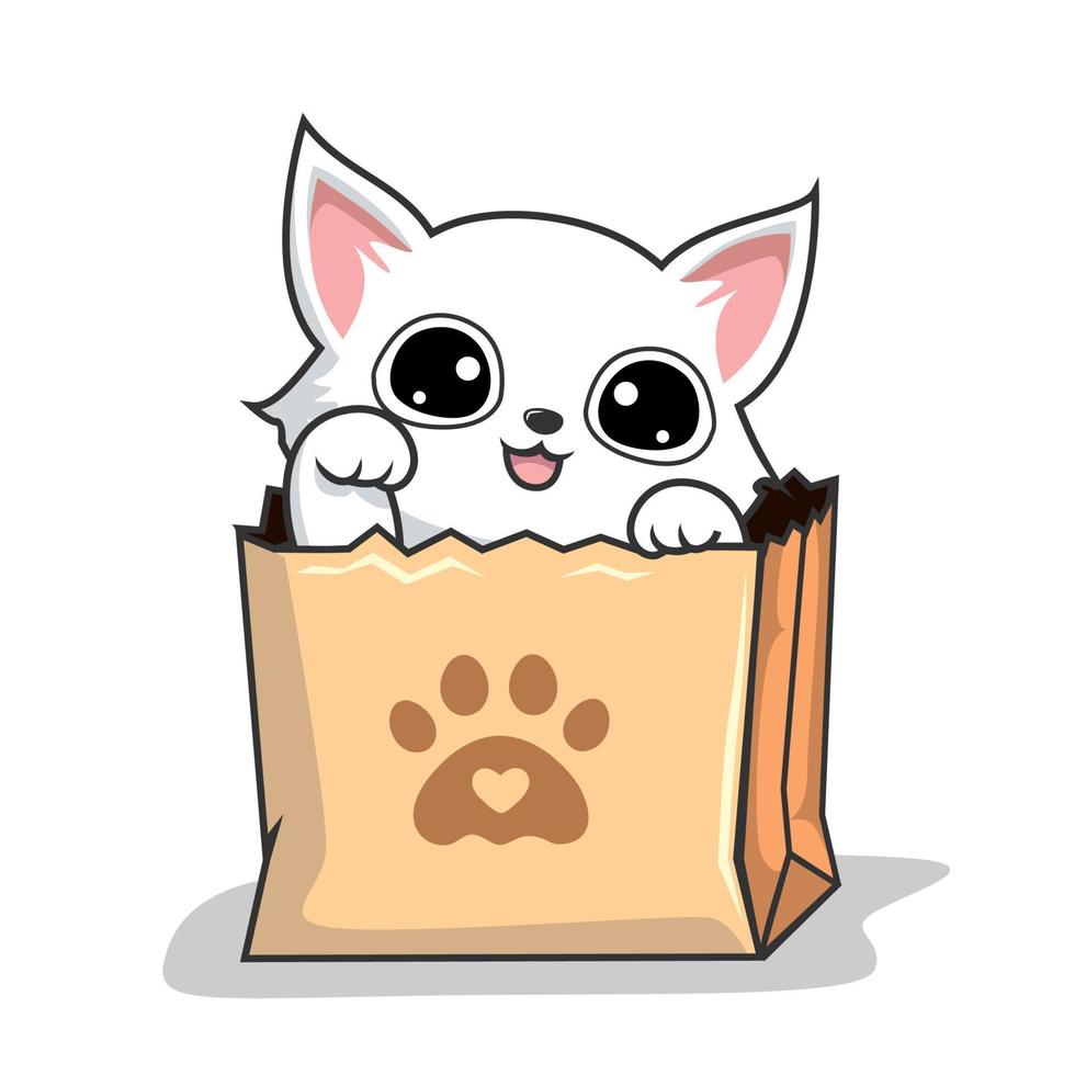 Cat in Paper Bag - Cute White Cat in Shopping Bag - Waving Hand vector