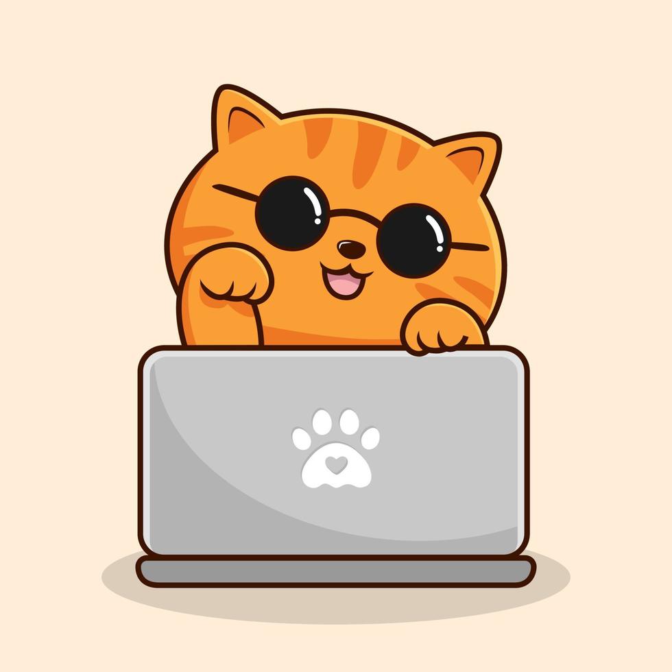 Orange Tabby Cat Playing Laptop Cartoon Cool Glasses - Orange Striped Pussy Cat Kitty Vector