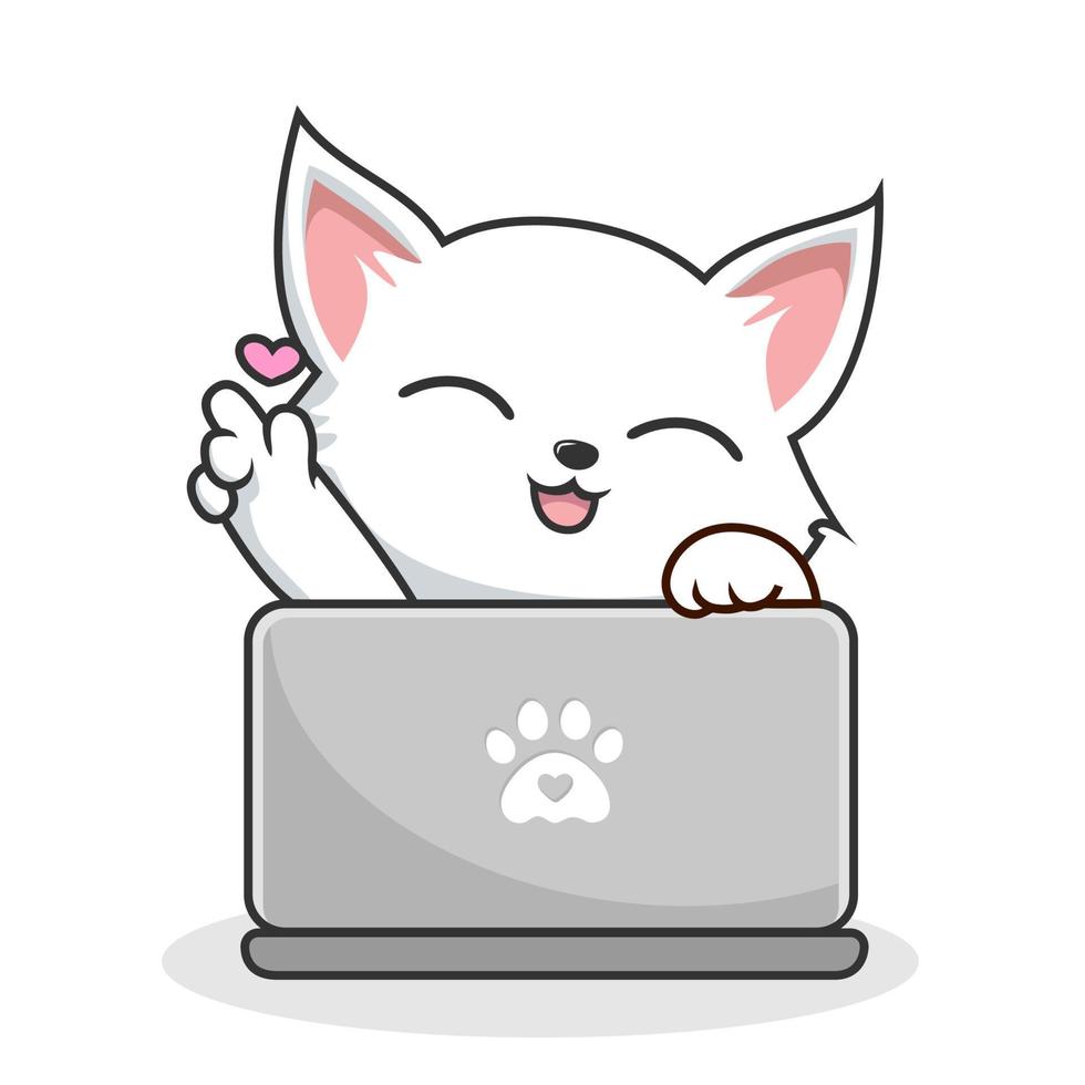 blanco gato jugando ordenador portátil cuaderno - linda blanco coño gato con amor vector