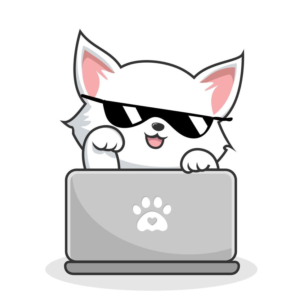 blanco gato jugando ordenador portátil cuaderno - linda blanco coño gato frio con lentes vector