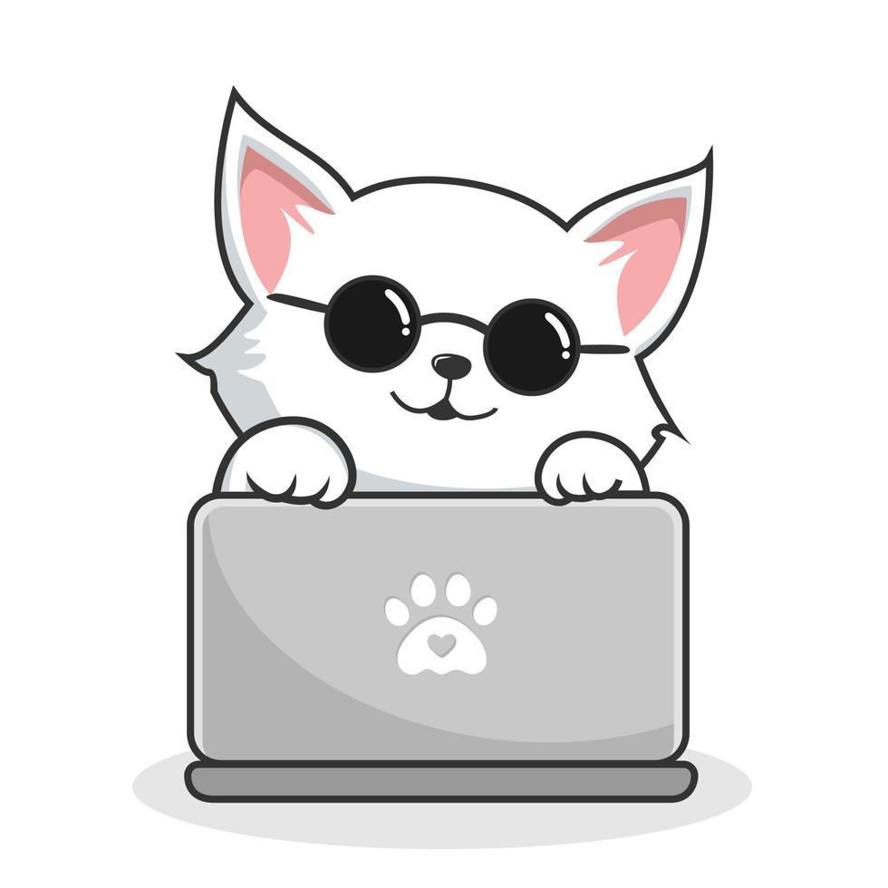 blanco gato jugando ordenador portátil cuaderno - linda blanco coño gato frio con lentes vector