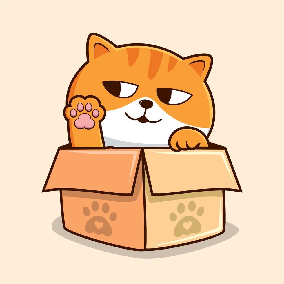 Tabby Cat in The Box Cartoon - White Orange Cats - Cute Striped Cat Waving Paws vector