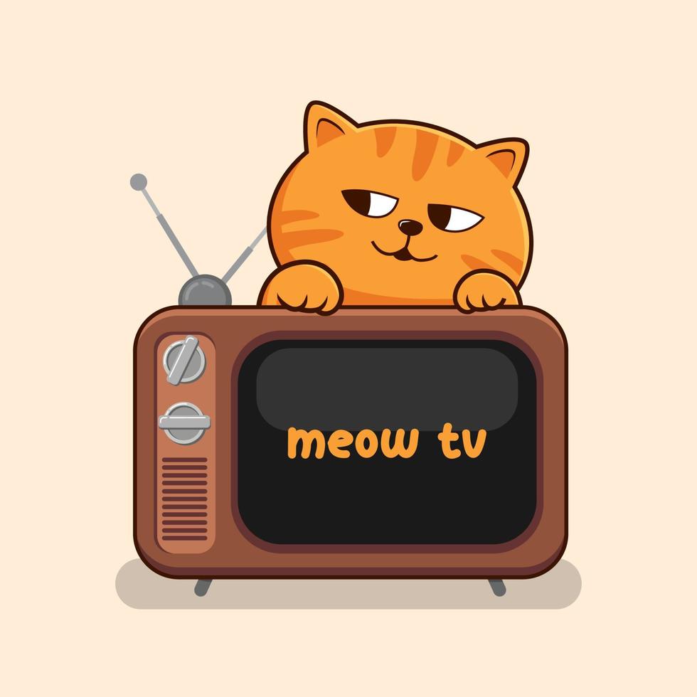 Tabby Orange Cat Behind Old TV - Striped Orange Cat Hiding Old Television vector