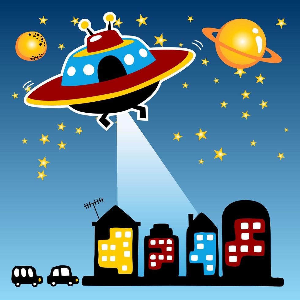 vector cartoon of UFO attack city