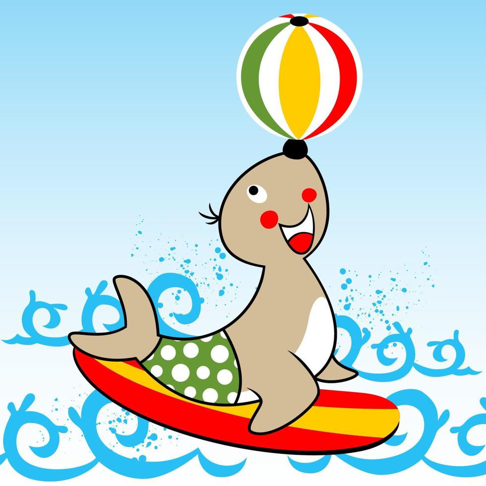 vector cartoon of seals playing ball on surfboard in the beach